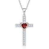 Calliora Birthstone Cross Necklace for Women, 925 Sterling Silver Heart Cross Pendant Necklace, Fine Cross Jewelry Birthday Anniversary Mother's Day Gifts for Her Mom Wife, 18"+2" Adjustable