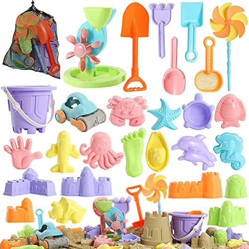 Beach Toys Sand Castle Kit For Kids - 2 Buckets, Molds, Shovels & Mesh Bag For Ages 3-10