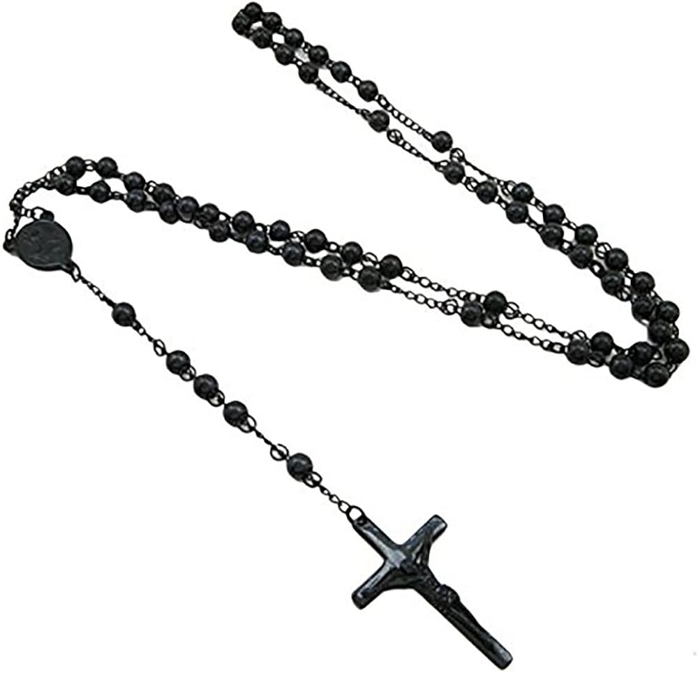 Mens Black Stainless Steel Rosary 