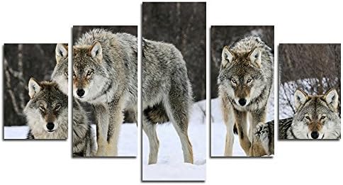 CrmArt 5 Panel Wall Art Painting Wolf In Snow Storm Forest In Winter Prints On Canvas Animal The Picture Decor Oil For Home Modern Decoration Print(50" W x 28" H, No Frame)