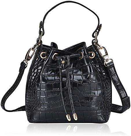 Dexmay Drawstring Bucket Bag Crossbody Top-Handle Handbag Small Croco Faux Leather Shoulder Bag Black