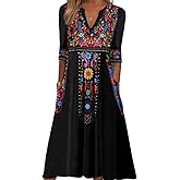 Akivide Fall Mexican Dress for Women,3/4 Sleeve V Neck Floral Embroidered Print Maxi Dresses with 2 Pockets