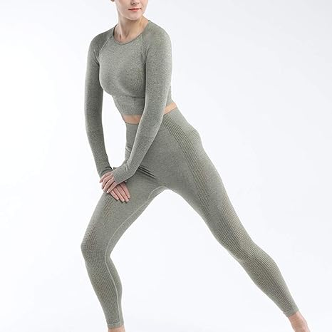 Amazon Co Jp 女性のためのジムの服セット長袖 ワークアウトハイウエストアスレチックシームレスレギンス スポーツクロップトップセット服ワークアウトフィットネスarmy Green S ホーム キッチン