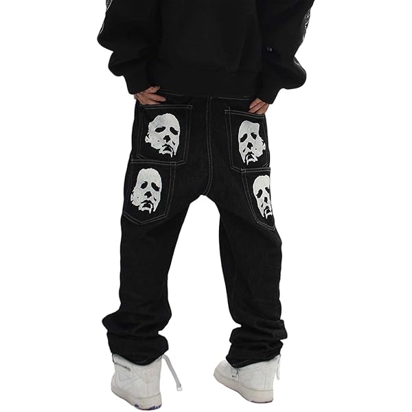 Hip Hop Gothic Denim Pants Streetwear Mens Graphic Print Baggy