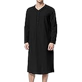 Xijadi Men's Cotton Nightshirt Thin Long Sleeve Henley Neck Button Long Sleepwear Soft Nightgown for Sleeping Sleep Shirt