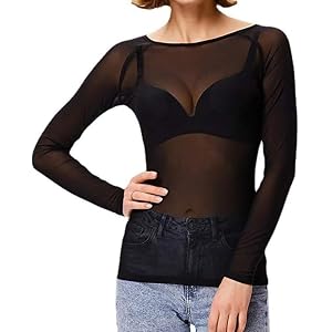 Women's Mesh Long Sleeve Top, Crewneck Slim Fitted Outfits Base Layer Sheer Shirt Blouse