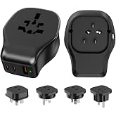 Universal Plug Adapter Kit with Type B/E/F/I/G Detachable Plug, Worldwide Power Socket with 2xUSB-C+1xUSB-A and 4 AC Outlets for US/Canada/AU/UK/Europe/China Travel Adapter (1 Pack Black)