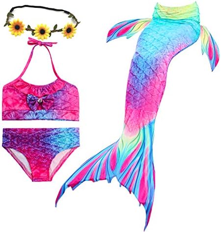 QIJOVO 3PCS Girls Mermaid Tail for Swimming Bikini Swimmable Custome Swimwear (Without Monofin)