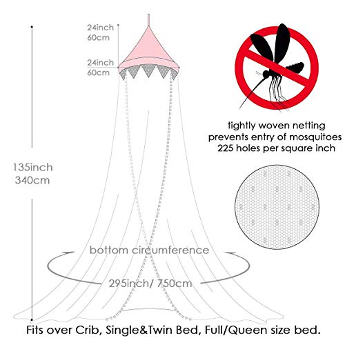 Dix-Rainbow Bed Canopy with Pom Pom Hanging Mosquito Net for Baby Crib Kids Twin Full Queen Size Bed, Lace Round Dome Fairy Netting Curtains, Kids Play Tent Reading Nook Castle Games House - Pink