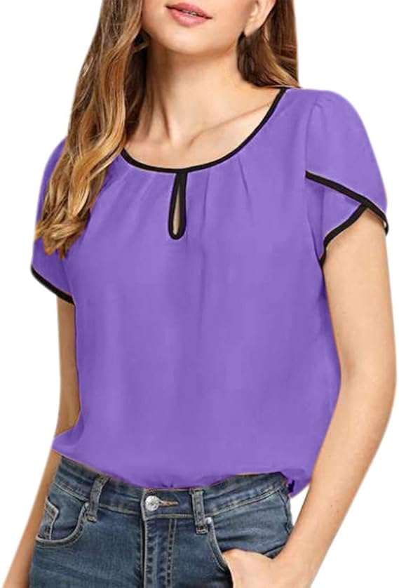Yuzhang レディーストップス 半袖 無地 シャツ ブラウス カジュアル シフォン 紫 ｍ シャツ ブラウス 通販 Amazon