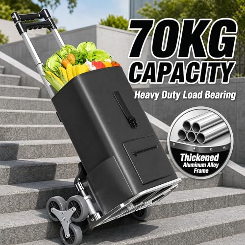 ALISMAEEL Stair Climbing Cart 70KG Capacity Foldable Trolley Cart with Wheels,Thickened Aluminum Alloy Frame Silent Stair Climbing Wheels Elastic Rope Detachable Shopping Bag, for Home and Office