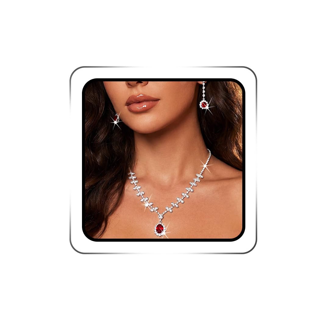 Ushiny Bridal Wedding Jewellery Set Silver Sparkly Necklace and Earrings Set with Red Rhinestone Crystal Prom Anniversary Party Jewellery for Women and Girls
