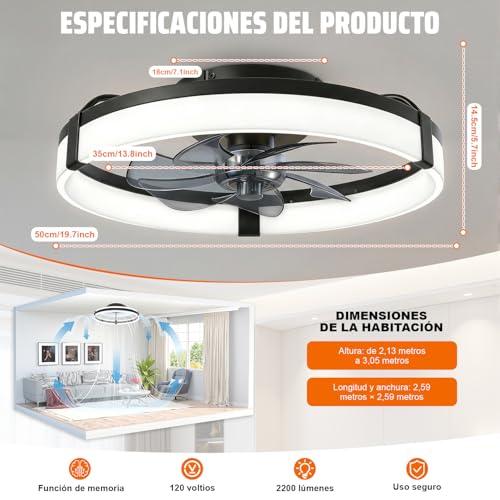 Ventilador de Techo con Luz 50cm/20in, Lámpara con Remoto y APP, Luz 3 Colores, 6 Velocidades, Función Temporizador, Motor de CC Silencioso y Reversible