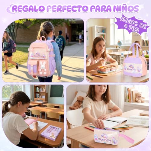 Nasjac Mochilas Escolares para Niñas de Primaria con Bolsa Térmica y Estuche, Mochila Escolar Infantil Gran Capacidad, Simpático conejito, Mochilas Multifuncional Informal Para Viajes, Escuela