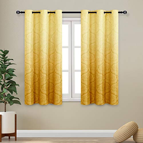 DWCN Ombre Blackout Curtains for Bedroom - Damask Patterned Thermal Insulated Energy Saving Grommet Curtains for Living Room, Set of 2 Gradient Window Curtain Panels, 42 x 54 Inch Length, Yellow