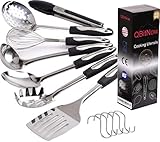 Stainless Steel Kitchen Utensil Set - 7 Cooking Utensils - Nonstick Kitchen Utensils Cookware Set with Spatula & Serving Spoons - Best Gadgets with Hooks for Holder and recipes e book (set de cocina)