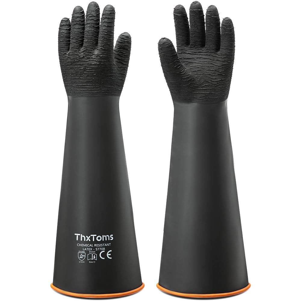 ThxToms Heavy Duty Rubber Gloves, Industrial Chemical Resistant Gloves Waterproof Reusable Protective Work Gloves for Cleaning, Dishwashing,Anti-Slip Design, Soft and Thick, Black, 22" 1 Pair