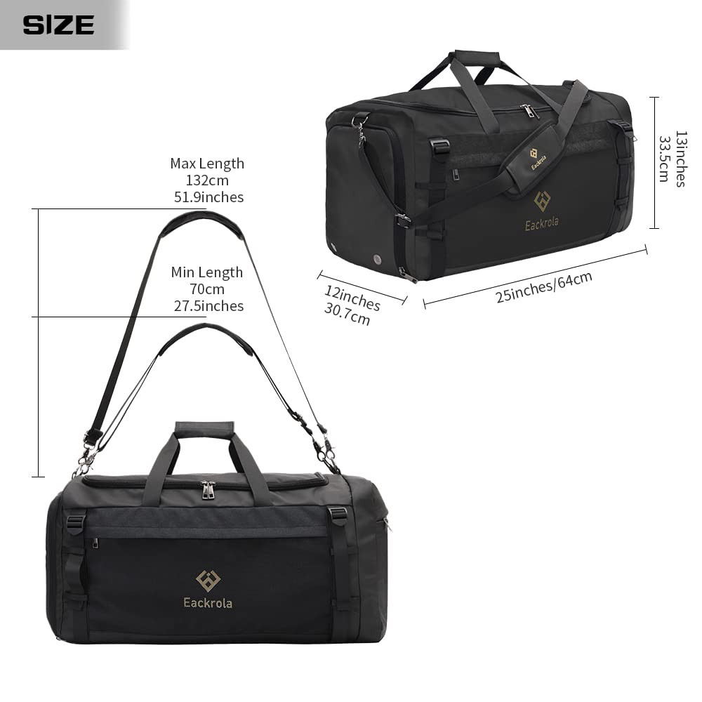 Eackrola Large Sports Gym Bag, Travel Duffel bag with Wet Pocket & Shoes Compartment for men women, 65L, Lightweight（Black）