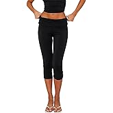 Women's Fold Over Capri Pants Elastic Low Waist Knee Length Stretch Tight Sold Color Yoga Pants