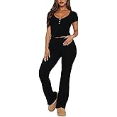 ForeFair Women's Ribbed Knit 2 Piece Pajama Set Short Sleeve V Neck Button Crop Top And Flare Long Pants PJ Set Sleepwear