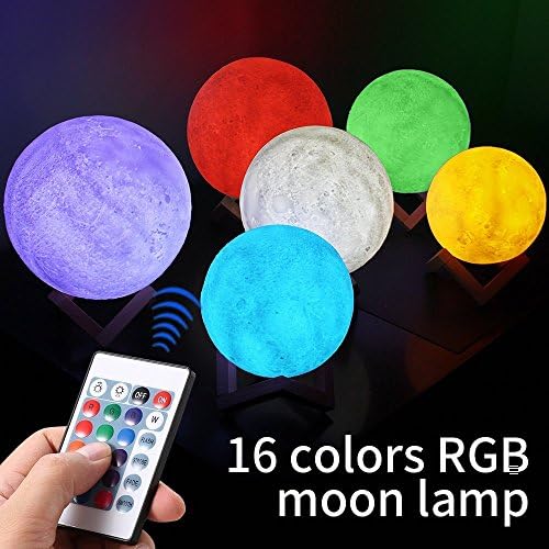 NEWKBO 16 Colors RGB 3D LED Moon Lamp, with Remote &Touch Control,Adjustable Brightness USB Rechargeable, with Wooden Stand, for Parties,Dinner Table, Cafe and Bedroom (7.1 Inch)
