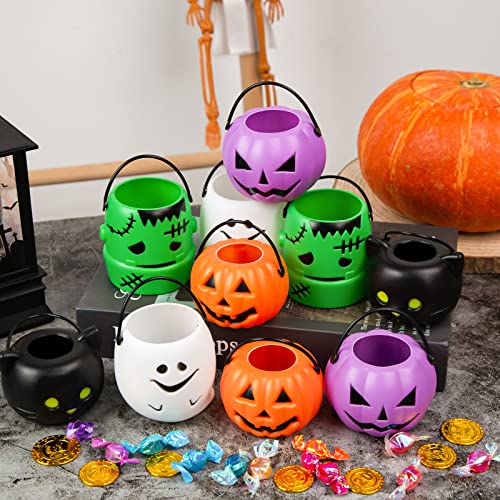 3 otters Mini Halloween Pumpkin Buckets, 10PCS Colorful Candy Buckets Halloween Trick or Treat Pumpkin Bucket, Halloween Goodie Bags