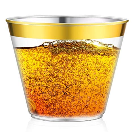 9oz Gold Rim Plastic Cups By Lmaj [50-Pack] | Disposable, Fancy Wedding Cups For Party, Holiday & Formal Occasions | Gold Rimmed, BPA-Free, Resilient & Elegant Drink-ware For Wine, Beer, Water & More