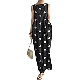 chouyatou Women's Summer Sleeveless Polka Dot Printed Tank Dress Boho Maxi Long Sundress with Pockets