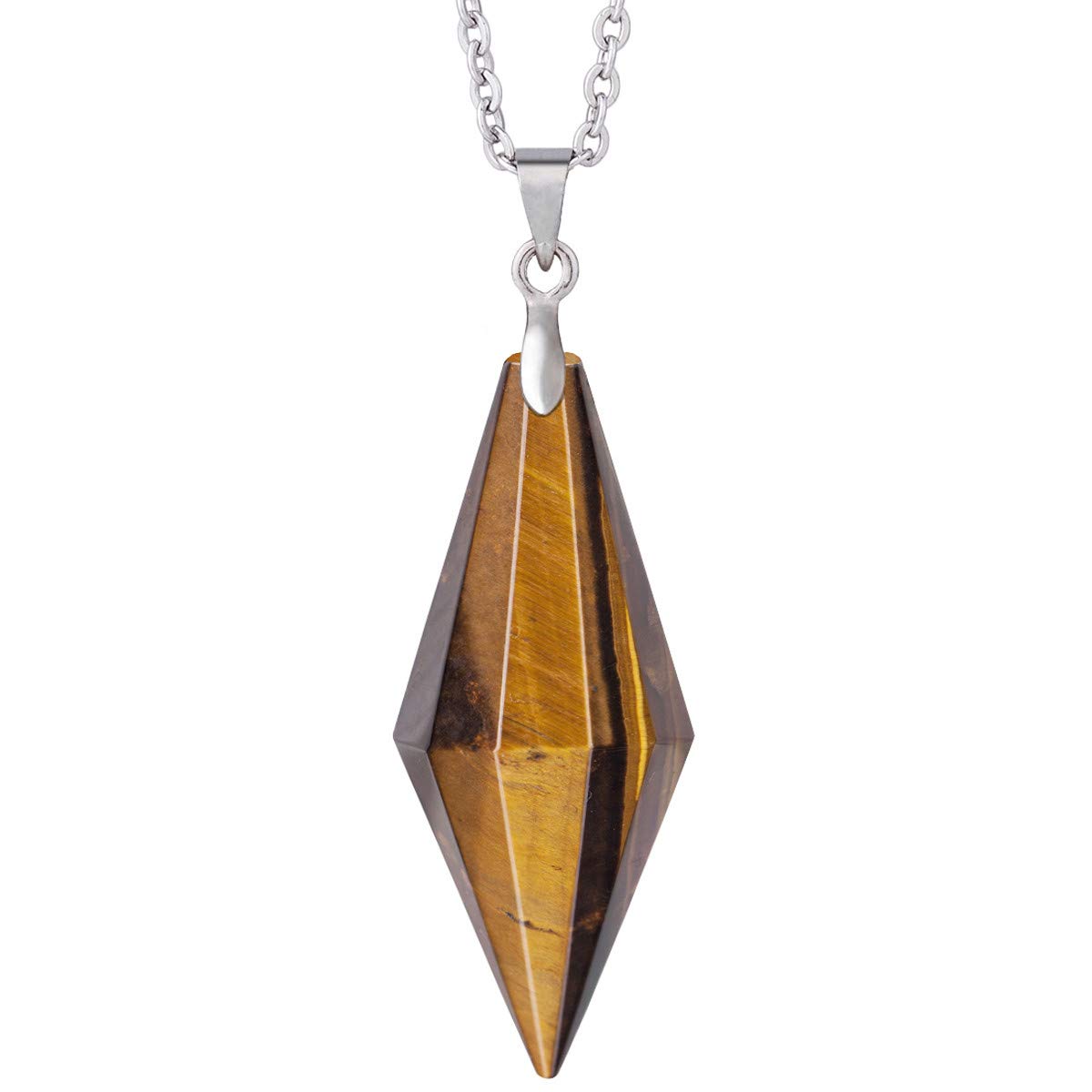 Nupuyai Tiger's Eye Crystal Point Necklace for Women, Reiki Chakra Stone Pendulum Pendant with Chain