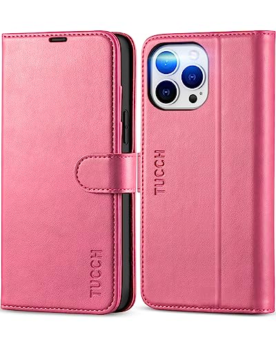 TUCCH Case Wallet for iPhone 13 Pro Max 5G, RFID Blocking PU Leather Stand Folio Cover with TPU Protective Interior Shell, Magnetic Card Slot Flip Case Compatible with iPhone 13 Pro Max 6.7", Hot Pink