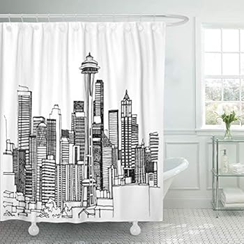 Semtomn Decorative Shower Curtain Panorama Ink Line Sketch Seattle City Washington Buildings Tower 66