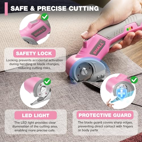 SHALL 4V Cordless Electric Scissors with Safety Lock, LED Light and Replacement Blade - Rechargeable Rotary Cutter for Fabric, Leather, Carpet, Cardboard and Plastic