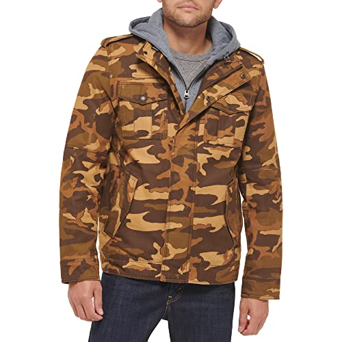 Levi's Men's Washed Cotton Hooded Military Jacket, Brown Camouflage, Large
