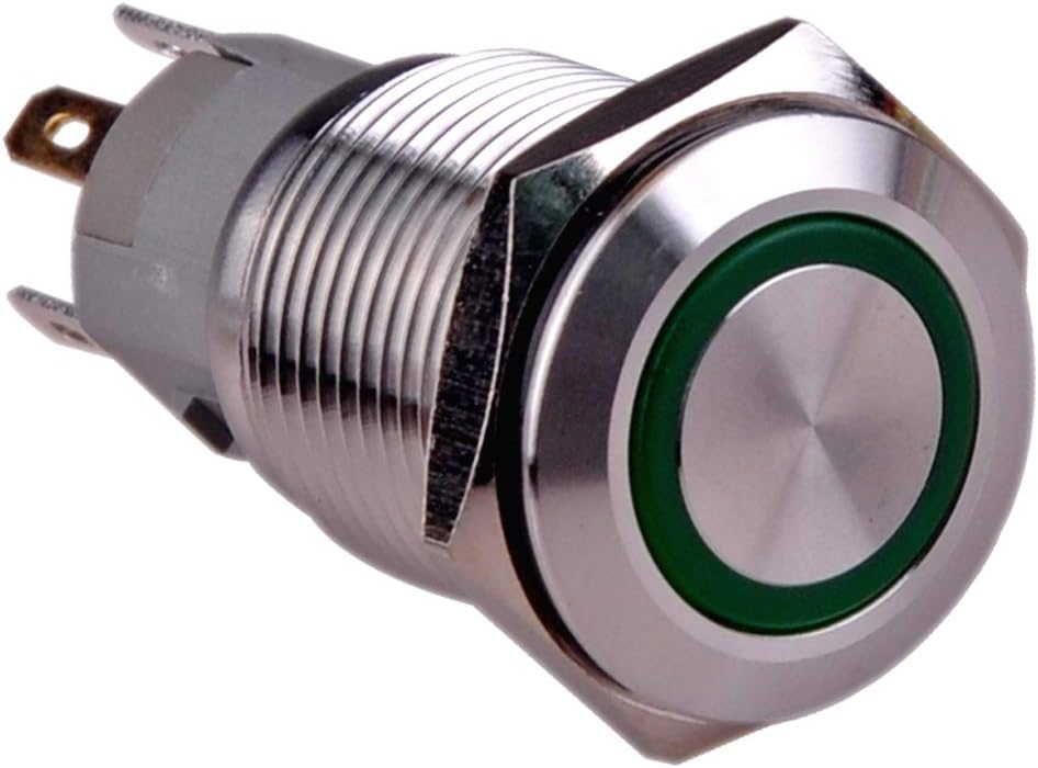 Ulincos Momentary Push Button Switch U16F1 1NO1NC Silver Stainless Steel Shell with 12V Green LED Ring Suitable for 16mm 5/8" Mounting Hole (Green)
