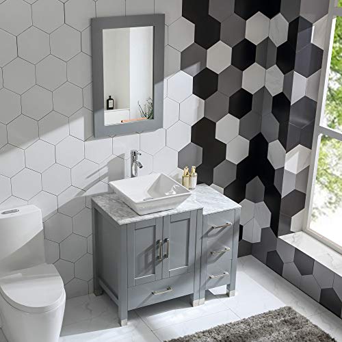 36" Grey Paint Bathroom Vanity and Sink Combo Glass/Marble Top w/Drawer Side,Sink, Faucet (Solid Wood + Marble Top) - Thumbnail 2