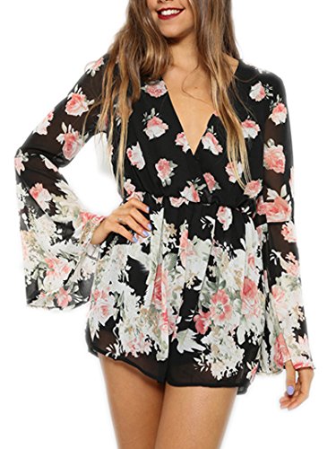 Persun Women Limited Black Floral Print Romper Playsuit With Long Flare Sleeves,Medium,Black,Black,Medium - Thumbnail 2