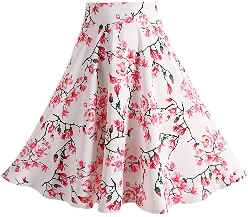 Samuyalove Women Vintage Pleated Floral Print Knee Length A-line Skirt