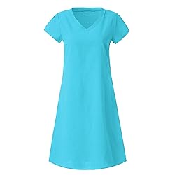 Women's Summer Cotton Linen Dress Loose V-Neck