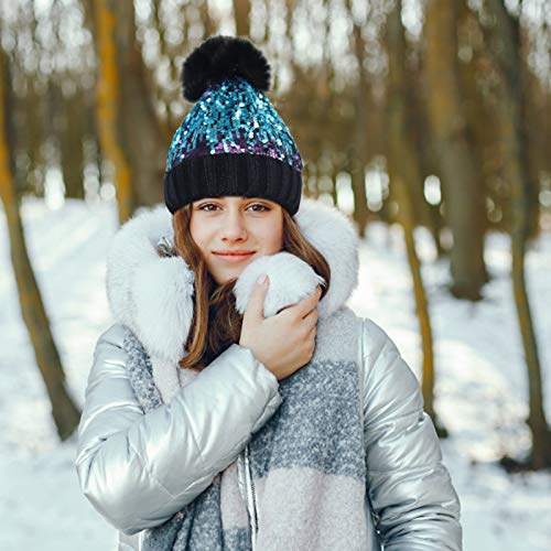Homiton Women Sequin Knitted Beanie Hat with Faux Fur Pom-Pom Shiny Bling Skull Cap (Black)