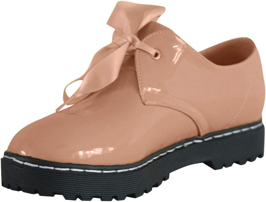 Bright Color Shoe Womens Leather Breathable Round Toe Lace-Up Non-Slip Casual Single Shoes