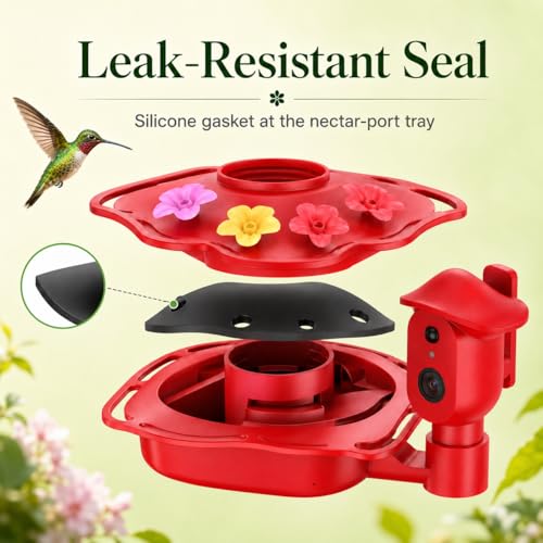 Smart Glass Hummingbird Feeder with Camera, 2K HD Live View, 2.4GHz WiFi Only, Solar-Assisted Outdoor Bird Feeder, App Motion Alerts, AI Bird ID, Ant Moat, Easy Clean Drip-Resistant Nectar Feeder