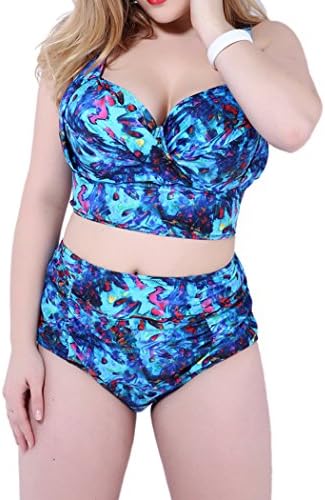 Yonas Women Printed Colorful Tankini Two Piece High Waist Plus Size Bikini Swimsuit(SIZE XXXXL/BLUE)