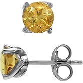 Silvershake 6MM Round Shape Birthstone Gemstones White Gold Plated or Yellow Gold Plated 925 Sterling Silver Business Attire Minimalist Stud Earrings for Women or Teens