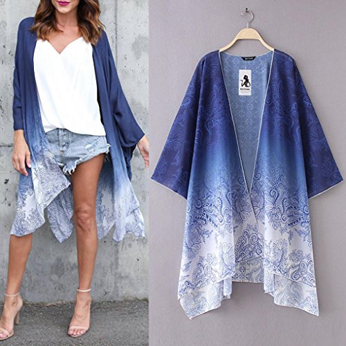 Funic Women 3/4 Sleeve Chiffon Kimono Cardigans Blouse Cover Ups Shirt Blouse Beachwear (XL, Blue)