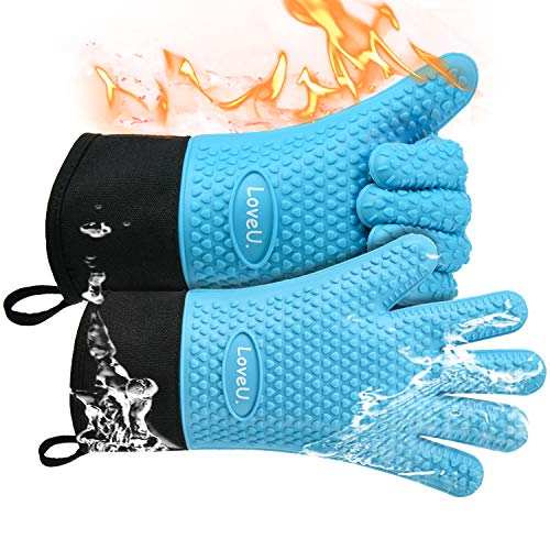 Silicone Oven Gloves Extra Long Heat Resistant, Silicone & Cotton Double Layer BBQ Gloves Non-slip Kitchen Gloves Flexible Oven Mitts - Perfect for Baking Barbecue Pizza, 1 pair
