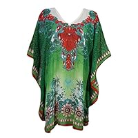 Mogul Women's Kaftan Loose Short Beach Dress Swimsuit Cover Up Caftan (Green-1)