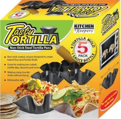 Tasty Tortilla Non Stick Steel Tortilla Pans, 4 Tortilla Mold and 1 Sauce Bottle 8 oz by Kitchen Keepers