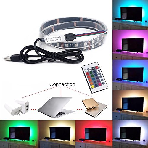 Waterproof RGB LED Strip Light Multi-colors Changing Soft Linear Bar Dynamic DIY Kit 3.28feet 60LED for TV Bias Lighting Festival Party Decoration with Wireless IR Remote Controller and USB Cable.