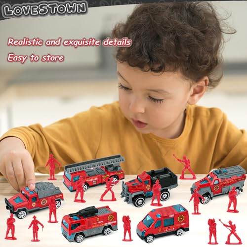 LovesTown 50PCS Fire Truck Toy Set, 6PCS Die-cast Small Rescue Emergency Vehicles Red Fire Trucks 44PCS Firemen Toy Figures for Kids Boys Birthday