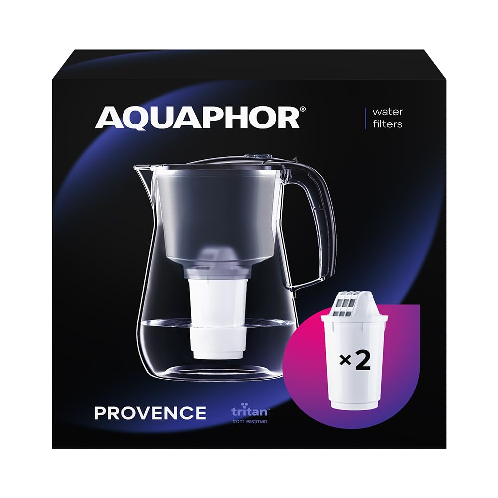 AQUAPHOR Provence Black Water Filter Jug Counter Top Design with 4.2L Capacity, 2 X A5 Filters Included, Reduces Limescale, Chlorine & Microplastics, Perfect for Families, Premium Quality Glass Effect